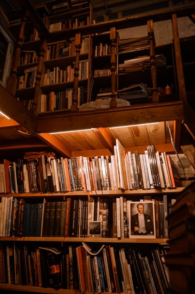 books-on-brown-wooden-shelf-13467310 A wooden bookshelf in a cozy library setting with warm ambient lighting and various books.