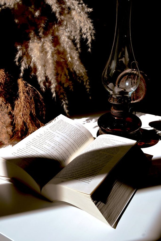 vintage-book-and-oil-lamp-on-rustic-table-33862081 Aged book and classic oil lamp on a table with soft light creating a vintage and cozy ambience.