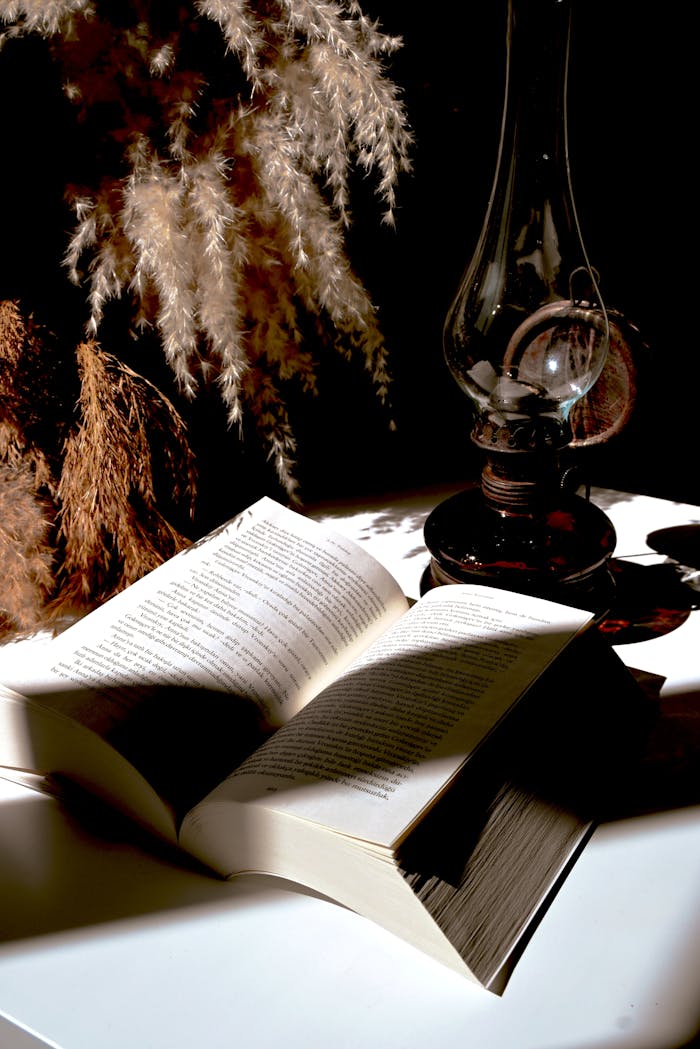 services-01 Aged book and classic oil lamp on a table with soft light creating a vintage and cozy ambience.